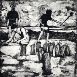 gravure noir et blanc plage famille estampe eau-forte aquatinte laurence de Saint Martin artiste yvelines estampes