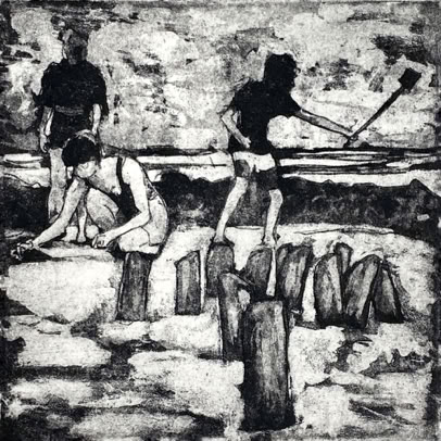 gravure noir et blanc plage famille estampe eau-forte aquatinte laurence de Saint Martin artiste yvelines