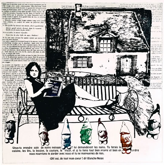 laurence de Saint Martin po&eacute;sie papier d&eacute;co dessin artiste conte Grimm blanche neige  femmes violences f&eacute;ministe patriarcat eau-forte estampe couleur cuivre plaque